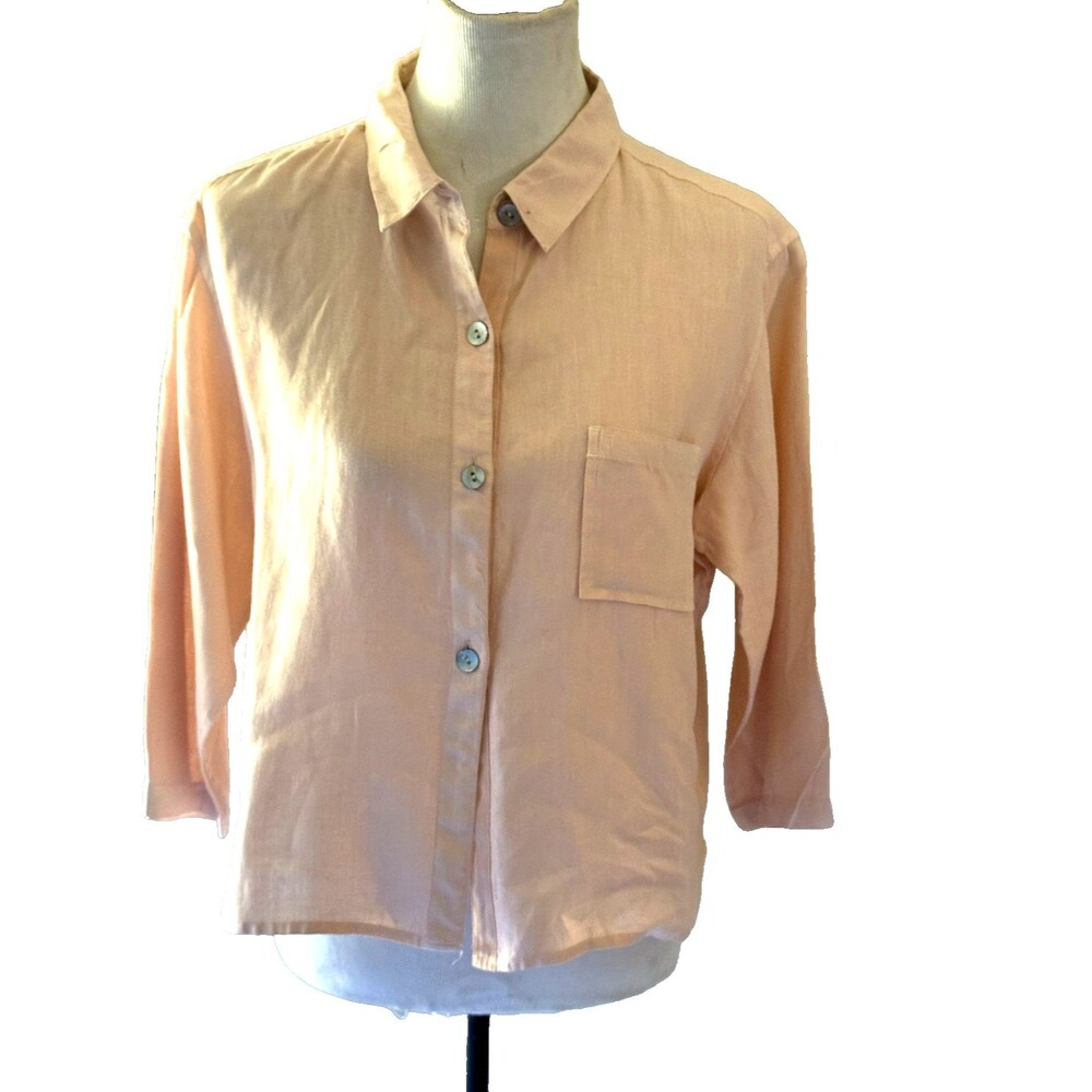 SILX Pink 100% Linen 3/4 Sleeve Button Front Short Top Size 10